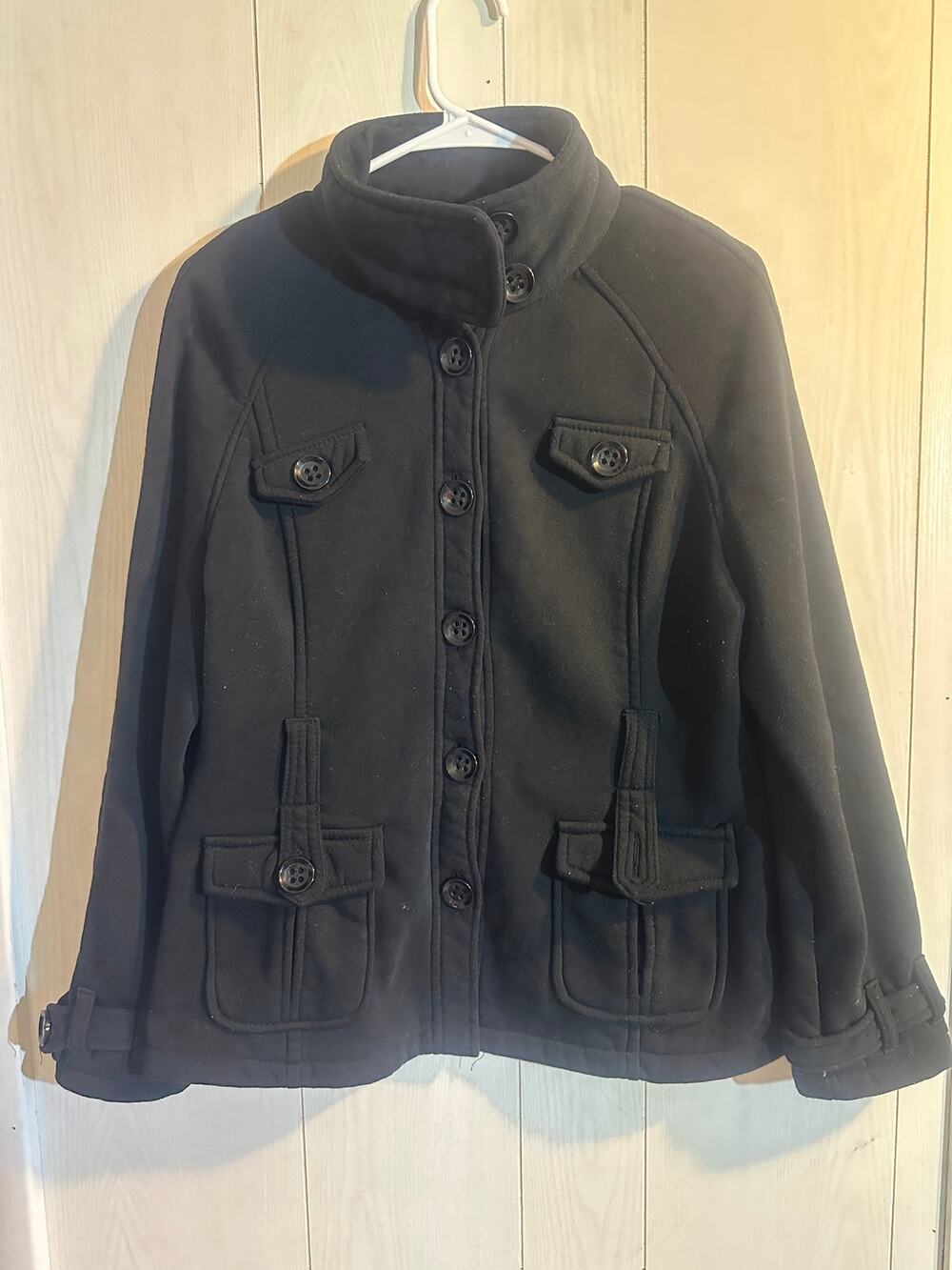 Dots Women Black Knit Utility Jacket Size Large Button Funnel Neck Cargo